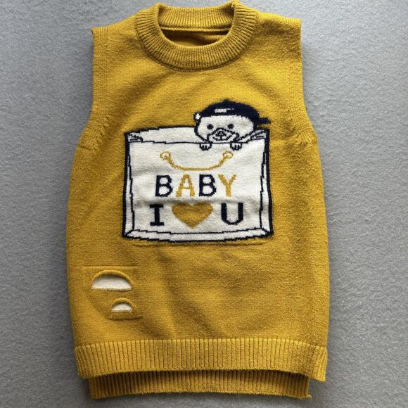 Y2K Baby I Love U Sweater Vest 9 months Mustard Yellow Knit Pullover Granola - Picture 1 of 7